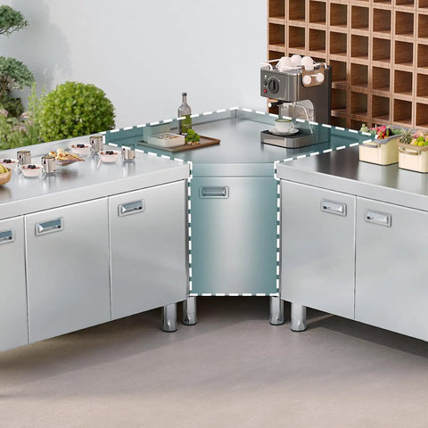 Corner Stainless Steel Prep Table With Cabinet For Work And Storage Heavy Duty Stain Resistant Commercial Kitchen Workstation