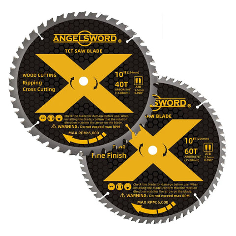 10 Inch Table Saw And Miter Saw Blade Set With 40T For Ripping And Cross Cutting And 60T For Fine Finish Wood Cutting 5/8 Inch Arbor 0.098 Inch Kerf Tungsten Carbide Teeth 2 Pack