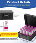 16 Slot 30ml Vial Case For Bac Water And Peptide Reconstitution, open with vials, showing dimensions and compatibility notes.