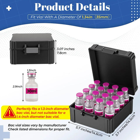 16 Slot 30ml Vial Case For Bac Water And Peptide Reconstitution, open with vials, showing dimensions and compatibility notes.