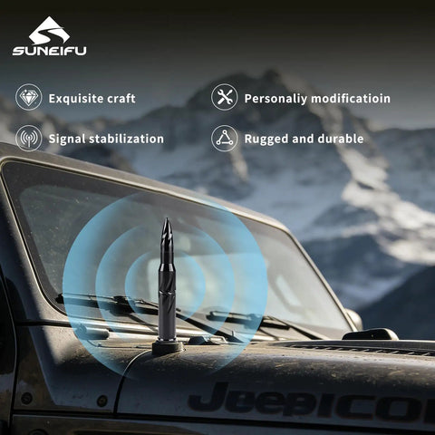 Short Stubby Bullet Car Antenna Mast Replacement For Stronger Radio Signal installed on jeep with mountains in background