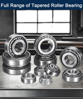 Two Pack 32011 Tapered Roller Bearing Cone And Cup Set, 55mm Bore, 90mm Outer Diameter, Chrome Steel, displayed in workshop.