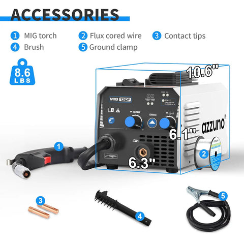 Gasless MIG Welder Flux Core 110V 130Amp Portable Wire Feed Inverter with accessories and dimensions shown