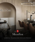Modern nail salon interior with elegant seating and lighting, featuring wood accents and the MelodySusie brand logo on the wall.
