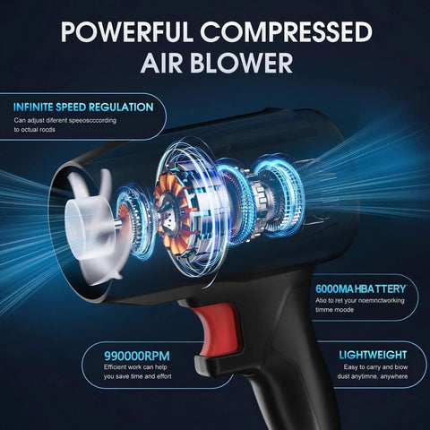 Illustration of 21V Cordless Leaf Blower With 990000 RPM Brushless Motor Dual 6000mAh Batteries Fast Charger Included Lightweight Handheld Design