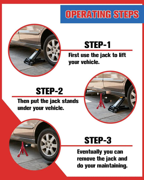 Operating steps for using 3 Ton Foldable Jack Stands For Trucks And SUVs With Adjustable Height 11.42 To 16.06 Inches Safety Pin