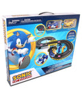 Packaging of Sonic And Tails RC Slot Car Set On Figure Eight Track With Working Lights, showing track layout and cars.