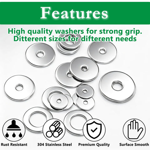 455 Piece 304 Stainless Steel Fender Washer Kit With 15 Size Options For Bolts And Screws M3 To M12 Heavy Duty Flat Washers shown