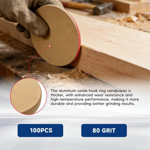 Image of 100 Pc Hook Loop Sanding Discs With Aluminum Oxide Grit, designed for smooth quick changes on power tools.