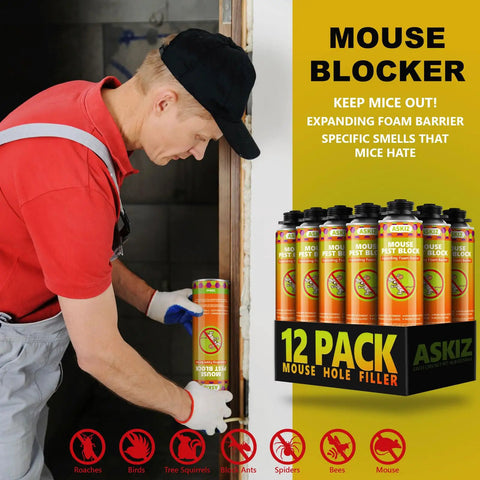 Tough As Nails Mouse Proof Expanding Foam Sealant, Pro Grade Rodent Blocker Spray For Wall Gaps And Cracks, Insulating Barrier That Keeps Pests Out With A Foul Smell Repellent, Bundle Of 12 Cans At 16 Oz, worker applying sealant.