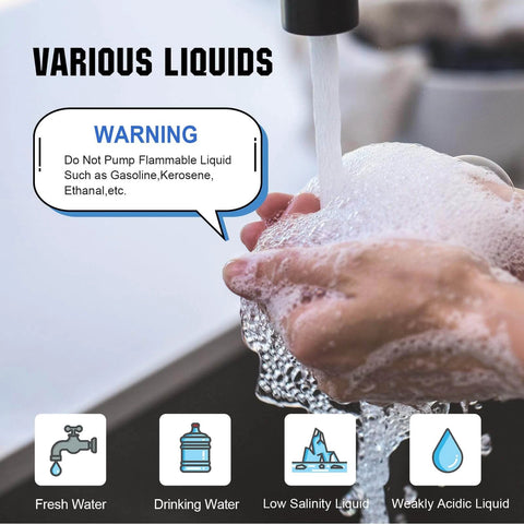 ECO-WORTHY 110V AC Fresh Transfer Diaphragm Water Pump On Demand 5.5GPM 70PSI High Pressure Water Booster Pump image showing safe liquid types with a warning.