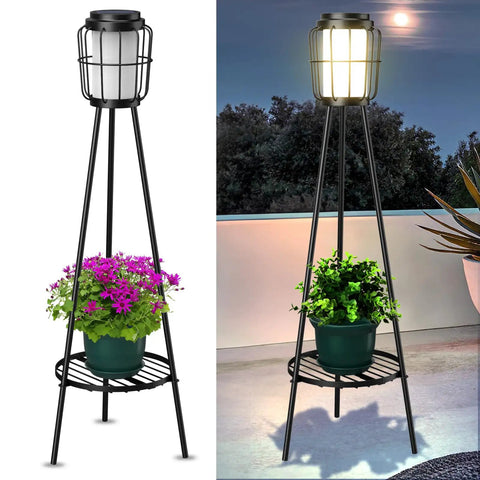 2 Pack Outdoor Solar Lights With Plant Stand And Tall Metal Planter Holder for Patio Garden with illuminated tripod lantern