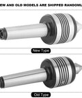 New type MT3 live center, side view; metal lathe center with conical tip and grooved collar
Old type MT3 live center, side view; metal lathe center with conical tip and grooved collar