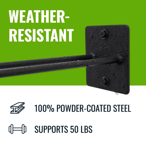 Close-up of Heavy Duty Garage Wall Mount Tool Hook Rack, powder-coated steel, highlighting weather resistance and 50 lb capacity.