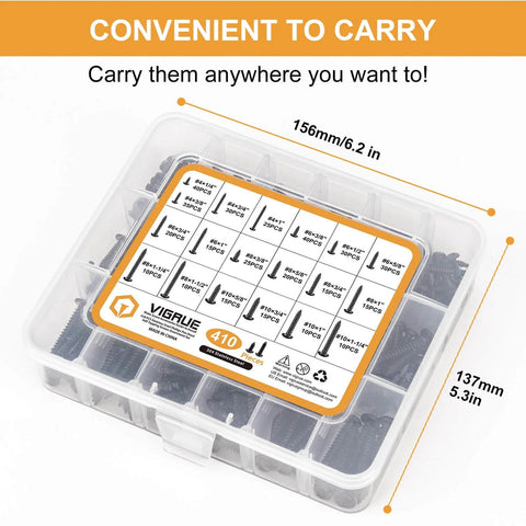 Over Four Hundred Piece Stainless Steel Black Wood Screws Set With Phillips Pan Head Self Tapping Coarse Thread in plastic case
