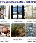 Tarose weather stripping collage showing six home sealing problems: indoor dust, window leaks, mosquito invasion, sound-proof doors/windows, rain leakage, HVAC leakage.
