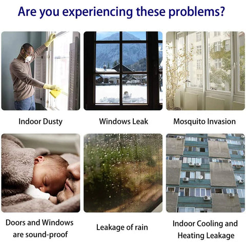 Tarose weather stripping collage showing six home sealing problems: indoor dust, window leaks, mosquito invasion, sound-proof doors/windows, rain leakage, HVAC leakage.