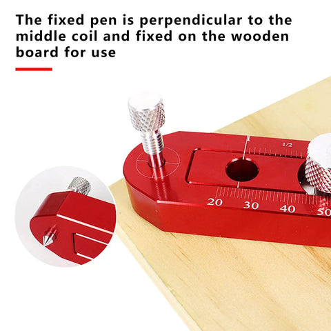 Aluminum Alloy Circular Drawing Tool With Adjustable Radius Scriber For Woodworking, red compass ruler on wood