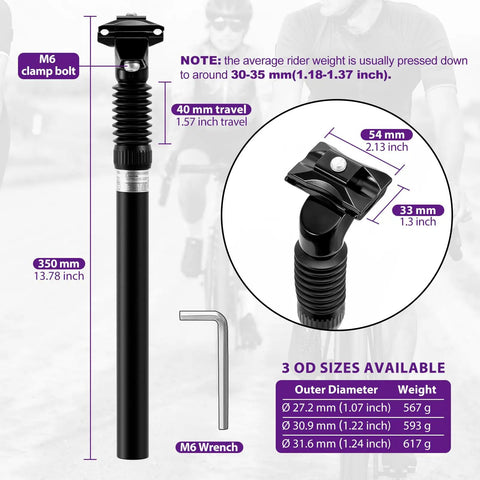 Diagram of Bike Suspension Seatpost 30.9x350mm Shock Absorber Damper With Adjustable Clamp For E Bike MTB BMX, showing measurements and tools.