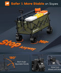 Heavy Duty Collapsible Wagon Cart with 220L Capacity, showing foldable design, all-terrain wheels, and adjustable handle in use.