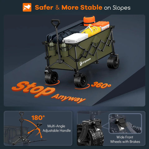 Heavy Duty Collapsible Wagon Cart with 220L Capacity, showing foldable design, all-terrain wheels, and adjustable handle in use.