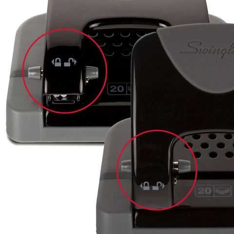 Built Different Two Hole Punch Crushes Twenty Sheets Like Nothing Else With Smart Touch Low Effort Grip and Tight Accuracy Alignment Track for Quick Paper Organizing Jobs in Sleek Black Gray close-up of punch mechanism