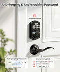 Keyless Fingerprint Door Lock With Keypad Deadbolt In Matte Black on a white door, featuring anti-peeping and audible alarms.