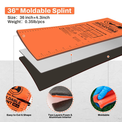 Rhino Rescue first aid splint, 36 in x 4.3 in, orange-gray moldable with two-layer foam and aluminum interior