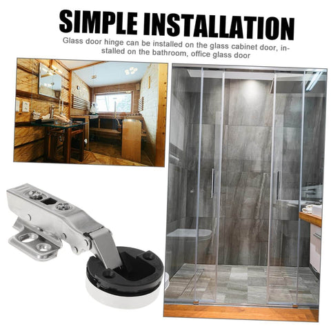 Four Pack Soft Close Glass Door Cabinet Hinges With Damping For Frameless Cabinets installed in bathroom and product close-up
