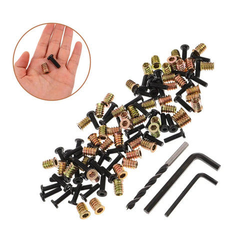 Metal Threaded Wood Inserts Kit With Bolts Hex Wrenches And Drill Bit For Flush Furniture Fasteners Connectors shown on hand