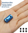 Rigid Shaft Coupler 5mm To 5mm Aluminum Alloy Six Piece Blue Set For Motors 3D Printers And DIY Projects With M4 Screws And L Wrench shown on hand for size reference.