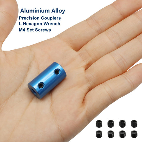 Rigid Shaft Coupler 5mm To 5mm Aluminum Alloy Six Piece Blue Set For Motors 3D Printers And DIY Projects With M4 Screws And L Wrench shown on hand for size reference.
