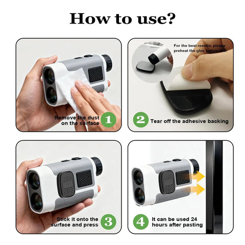 Golf Rangefinder Holder With Magnetic Mounts, Quick Access Range Finder Accessory shown in four installation steps