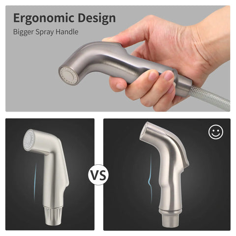 Universal Kitchen Sink Spray Attachment Pull Out Faucet Sprayer Head Brushed Nickel Finish Ergonomic Design High Pressure Flow Game Changer For Delta Moen Kohler And All Standard Setups hand gripping the sprayer head with comparison images