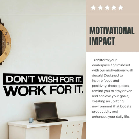 Dont Wish For It Grind For It Motivational Wall Decal Large Vinyl Quote For Home Gym Office Workout Space Fitness Decor Removable Black Vinyl 37x10 Inches on wall above desk with laptop