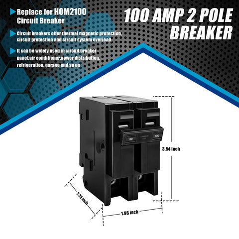 100 Amp 2 Pole Plug-In Circuit Breaker For 120/240V Systems, Thermal Magnetic Protection, Replacement For 2100 Series