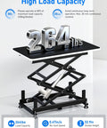Front view of DIHOOL electric scissor lift table with black steel frame, 265 lb capacity, height 10.43–43.31 in.