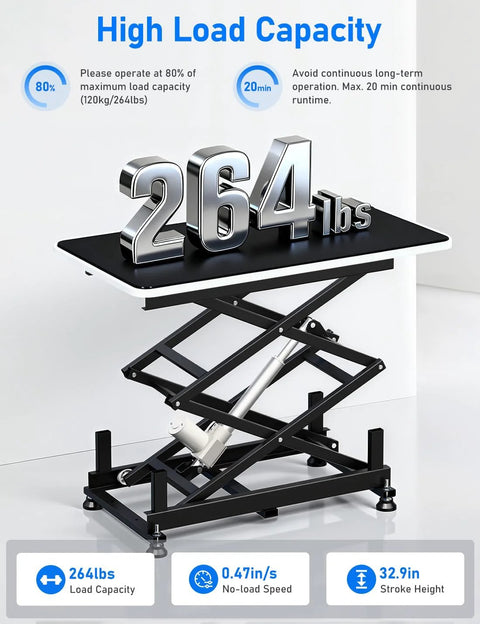 Front view of DIHOOL electric scissor lift table with black steel frame, 265 lb capacity, height 10.43–43.31 in.