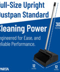 Heavy Duty Upright Dustpan With 30 Inch Aluminum Handle Locking Yoke Serrated Broom Lip Stand Up Commercial Floor Sweeper For Fast Back Saving Pickup Kitchen Facility Daily Grind Smooth Black, showing dimensions and design.