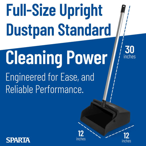 Heavy Duty Upright Dustpan With 30 Inch Aluminum Handle Locking Yoke Serrated Broom Lip Stand Up Commercial Floor Sweeper For Fast Back Saving Pickup Kitchen Facility Daily Grind Smooth Black, showing dimensions and design.