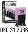 No Sweat Self Inking Date Stamp For Fast Shipping Receiving And Inventory Tracking Clean Black Ink With Easy Twist Dials For Expiration Checks And Reliable Violet Mount displayed with print 'DEC 31 2036'.