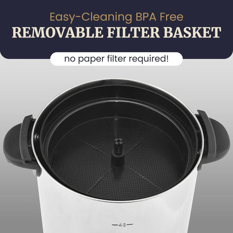40 Cup Electric Coffee Urn With Removable Filter For Easy Cleanup Two Way Dispenser With Cool Touch Handles Stainless Steel Construction