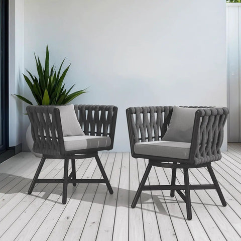 Patio Rope Swivel Dining Chairs Set Of 2 With Cushions on a porch, dark gray jumbo rope, modern outdoor seating