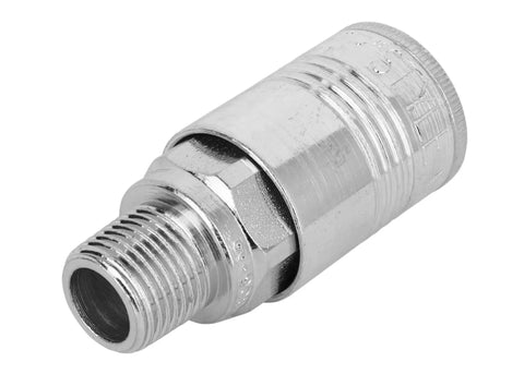 Close-up angle of Three Eighths Inch Male Coupler P Style Quick Connect For Pneumatic Air Tools Pro Grade Box Of Five Heavy Duty Air Fittings