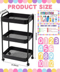 Hydration Station Top Notch Classroom Rolling Cart With 3 Tier Plastic Bottle Organizer, dimensions, and sticker set shown