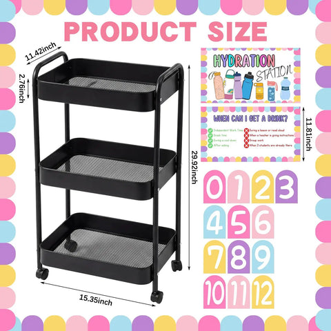Hydration Station Top Notch Classroom Rolling Cart With 3 Tier Plastic Bottle Organizer, dimensions, and sticker set shown