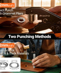 All In One Grommets Tool Kit With Half Inch Grommets And Carrying Case Eyelet Punch Pliers Set in use on leather with hammer and pliers