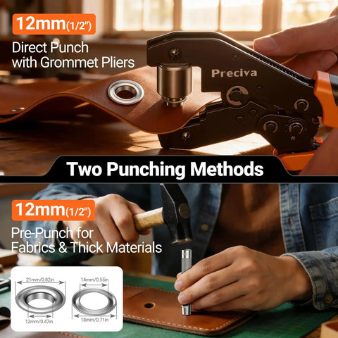 All In One Grommets Tool Kit With Half Inch Grommets And Carrying Case Eyelet Punch Pliers Set in use on leather with hammer and pliers