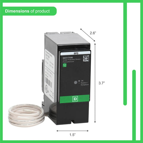 SurgeBreaker 25kA Heavy Duty Beefed Up Home Surge Protector dimensions with plug on LED indicator shown.