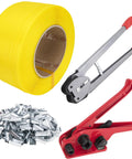 All‑In‑One Pallet Strapping Kit With Poly Strapping Bundle Tool And Sealer, Heavy Duty Packaging Banding Set with yellow poly strap and seals.
